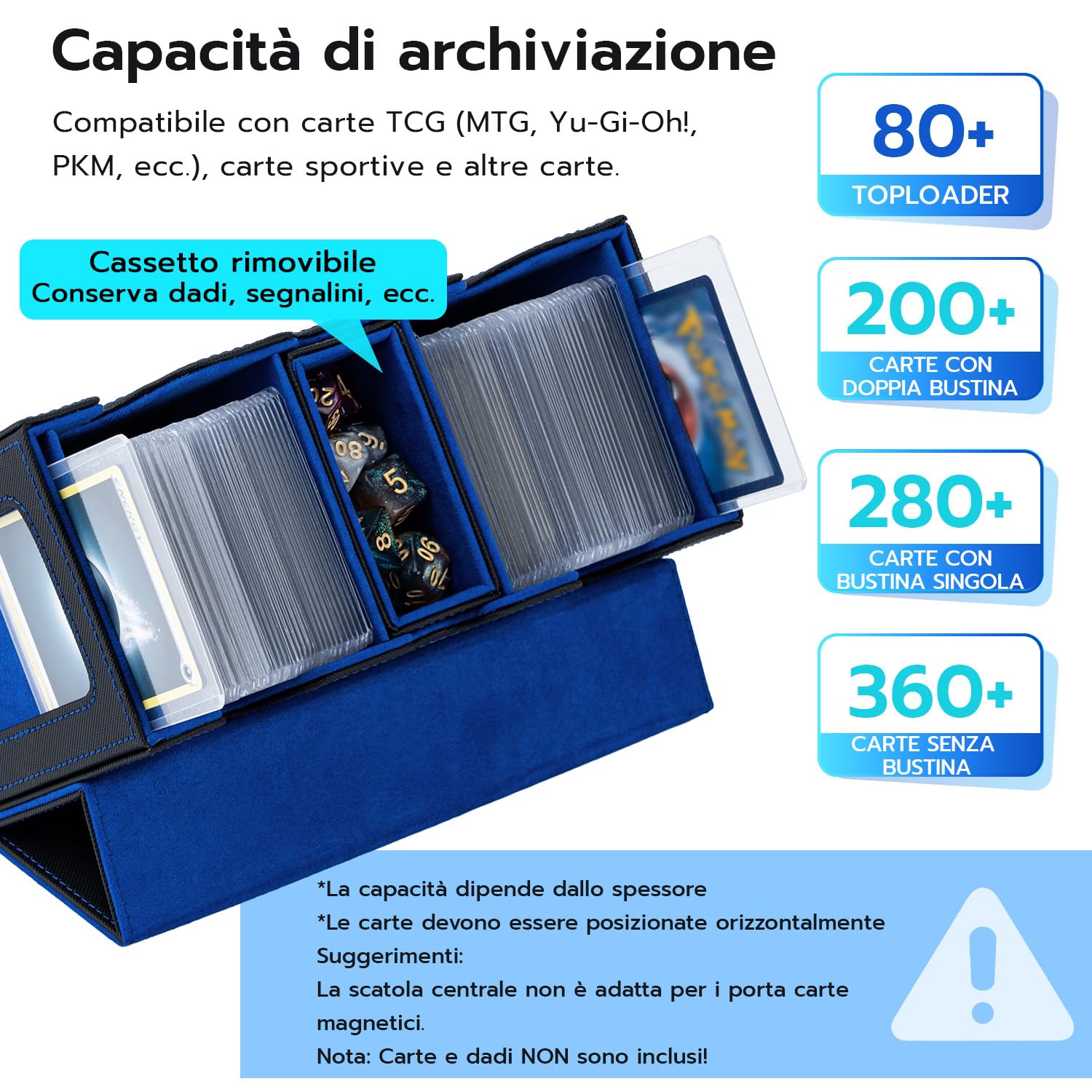 MTG Deck Box con scomparto e finestre di visualizzazione laterali, 3 in 1 Magnetic Card Box per contenere 200+ TCG Carte da Collezione, Blu e Nero