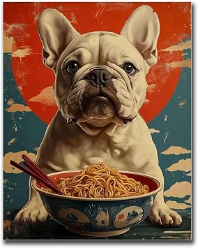 SENLYCH Canvas Painting Poster and Print Adorable Frenchie Eating Noodles Poster Cute Bulldog Kitchen Wall Art Fun Pet Print Living Room and Bedroom Office Decoration 20x30inch