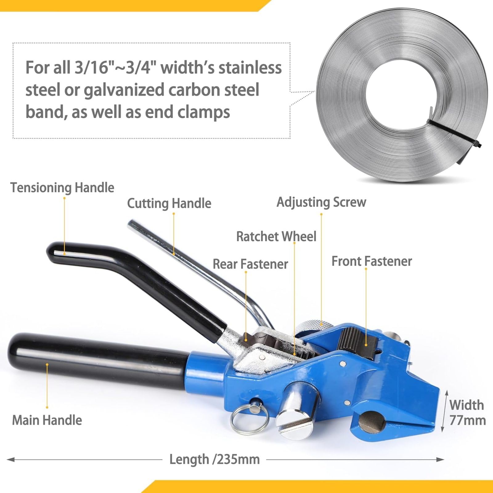 Herramienta de bandas de acero inoxidable con tensor de trinquete y cortador para correas de metal resistentes, ideal para asegurar cables, tuberías y carteles