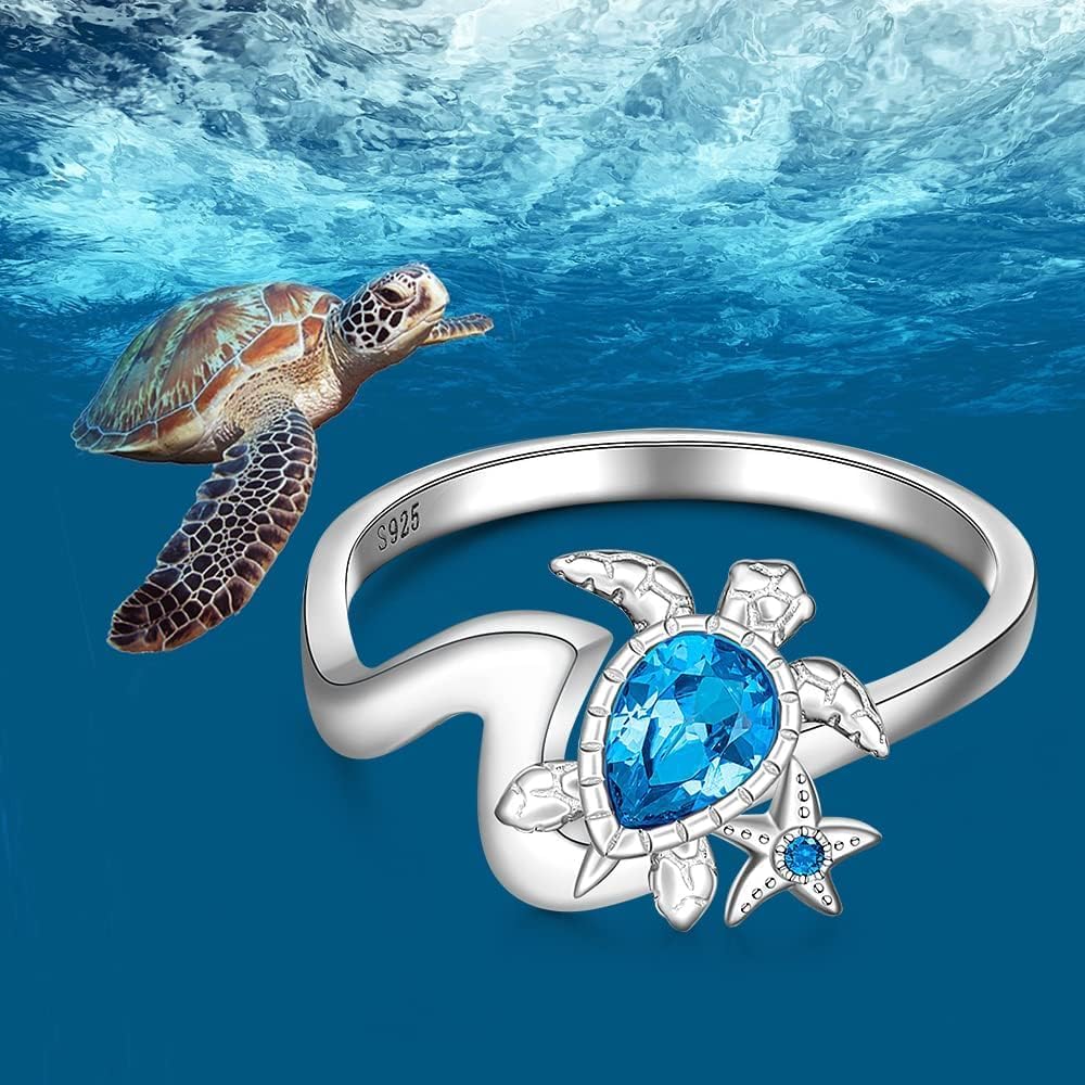 Wave Sea Turtle Ring Sterling Silver Sapphire Jewelry Ocean Themed Starfish Blue Zircon Diamond Turtle Rings Gifts for Women Sister Friend Mom Size 6 7 8 9 10 - Image 2