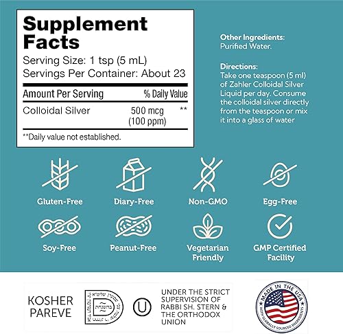 Miniatura 5 de Zahler Líquido de plata coloidal  Apoyo inmunológico avanzado y salud general  100 PPM líquido coloidal de plata líquida bio-activo  Kosher