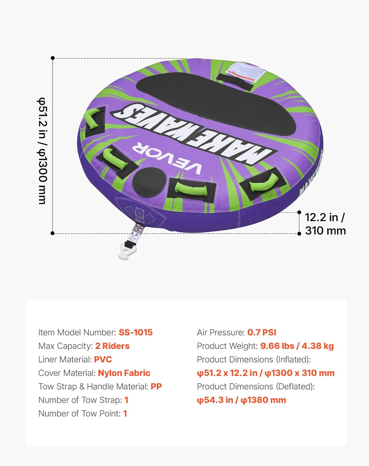 VEVOR Towable Tubes for Boating, 1-4 Riders Inflatable Boat Tubes & Towables, 340-680 lbs Capacity, Multiple Sizes with Full Nylon Cover, Padded/EVA Handles, Fins & Safety Valve (Multi-Option)
