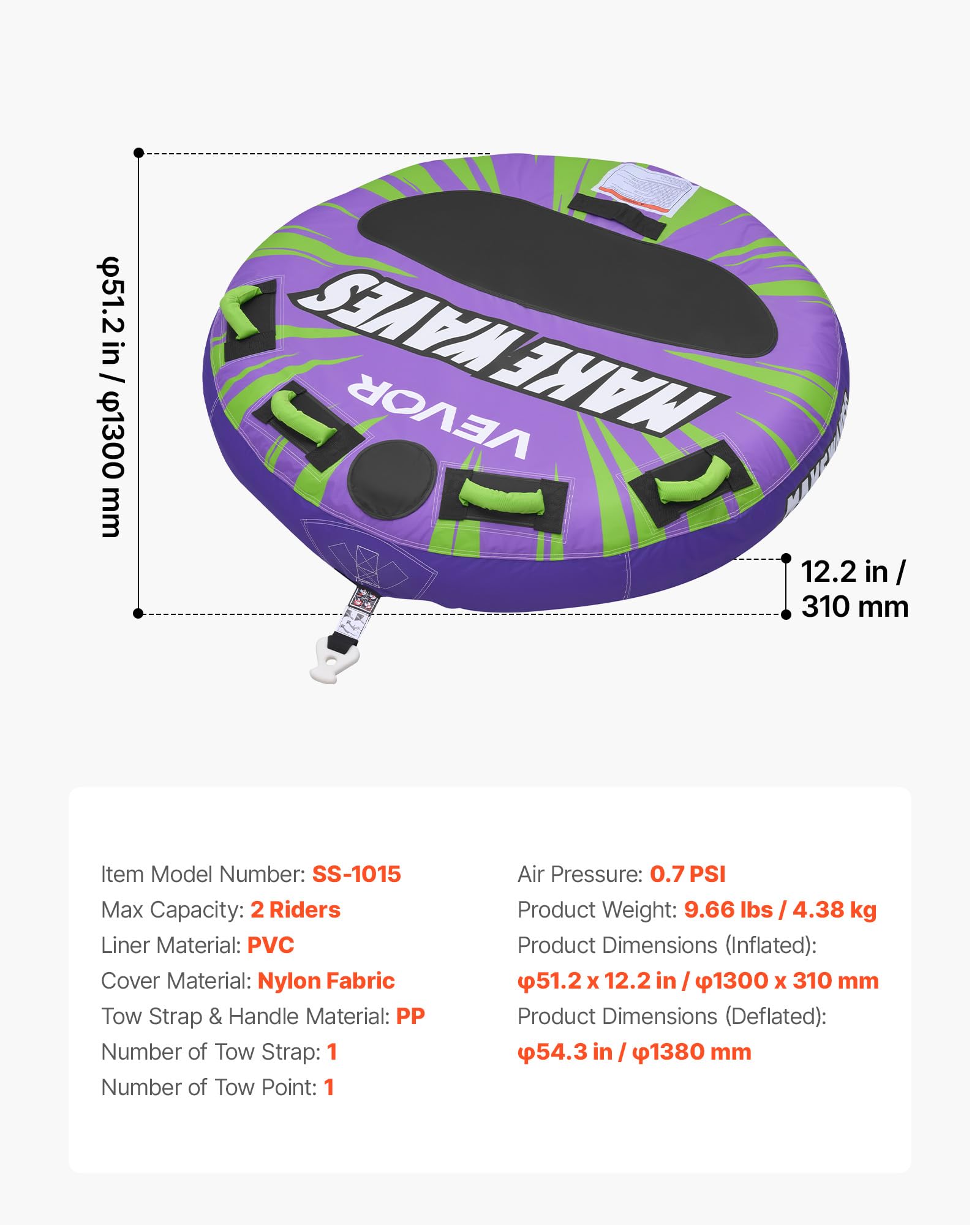 VEVOR Tubo Gonfiabile Trainabile per Barche, Copertura Resistente in Nylon, Gonfiabile per Sport Acquatici, Utilizzo Mare Lago Piscina, Unisex Adulto, Verde Viola