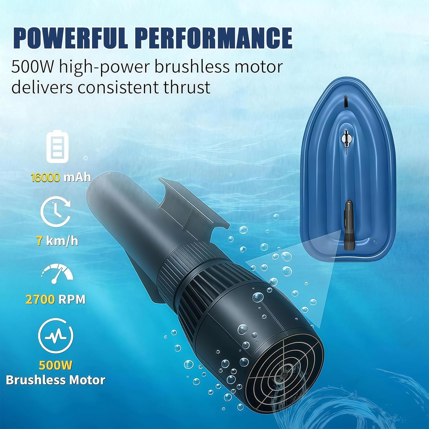500W Electric Underwater Scooter Jet Ski, 16000mAh Battery, 3-9km/H Speed, 130min Runtime, 3.5h Quick Charge, 150kg Load Capacity for Adults and Kids Sea Diving Swimming Equipment