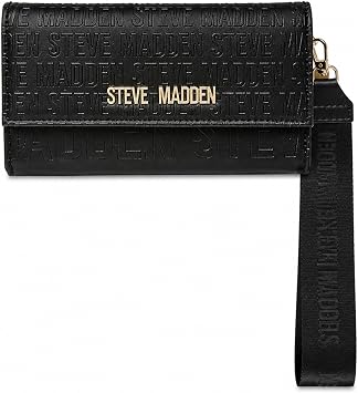 Steve Madden BMASON Embossed Logo Clutch Wallet with Wristlet Strap & Zip Coin Pocket, 7.5x4 in (Black)