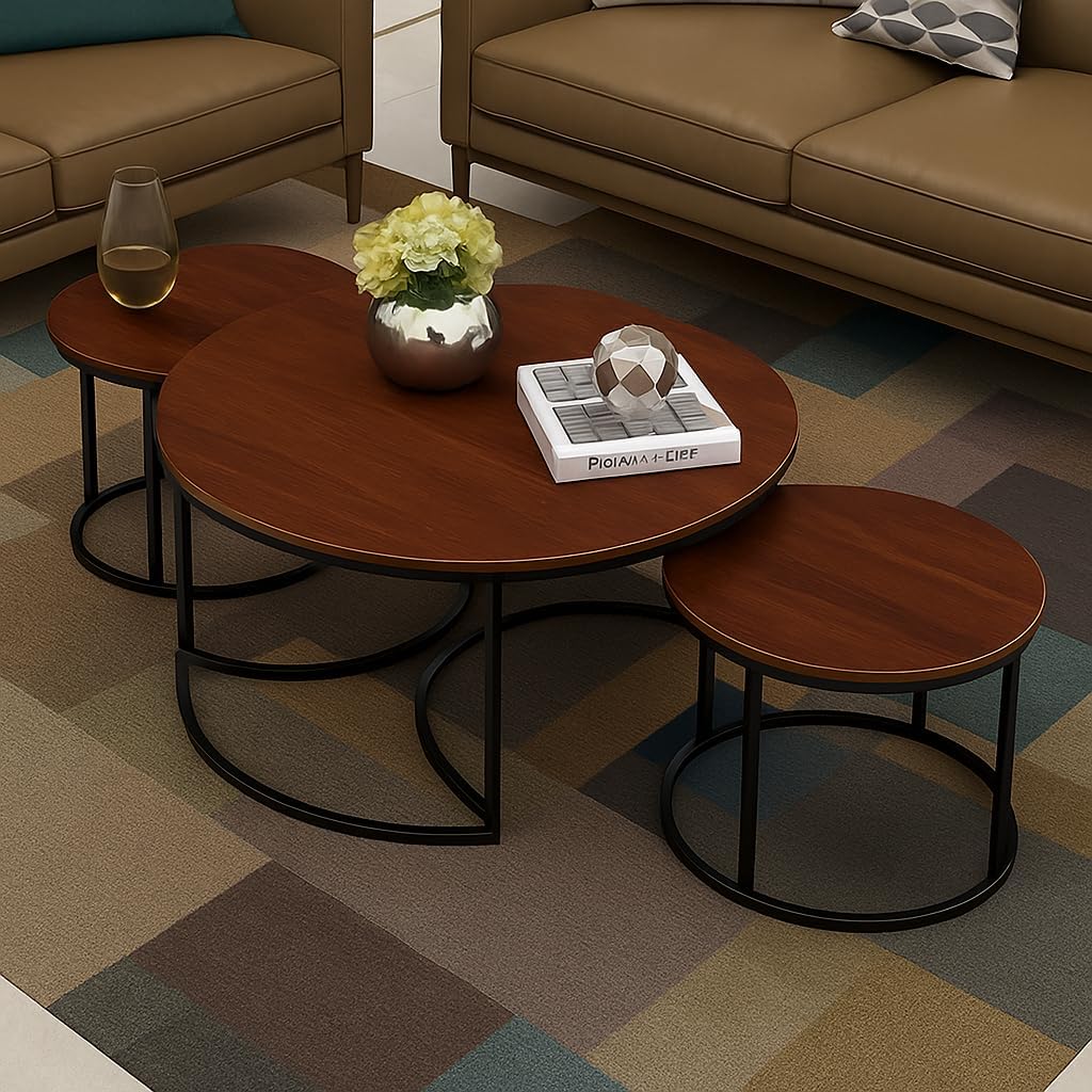 Vought Store Metal Frame Coffee Tables | 3-Piece Stackable End Tables | Marble Look Sofa Center Tables | Nesting Design Tea Tables for Living Room Bedroom or Apartments (Black Walnut)
