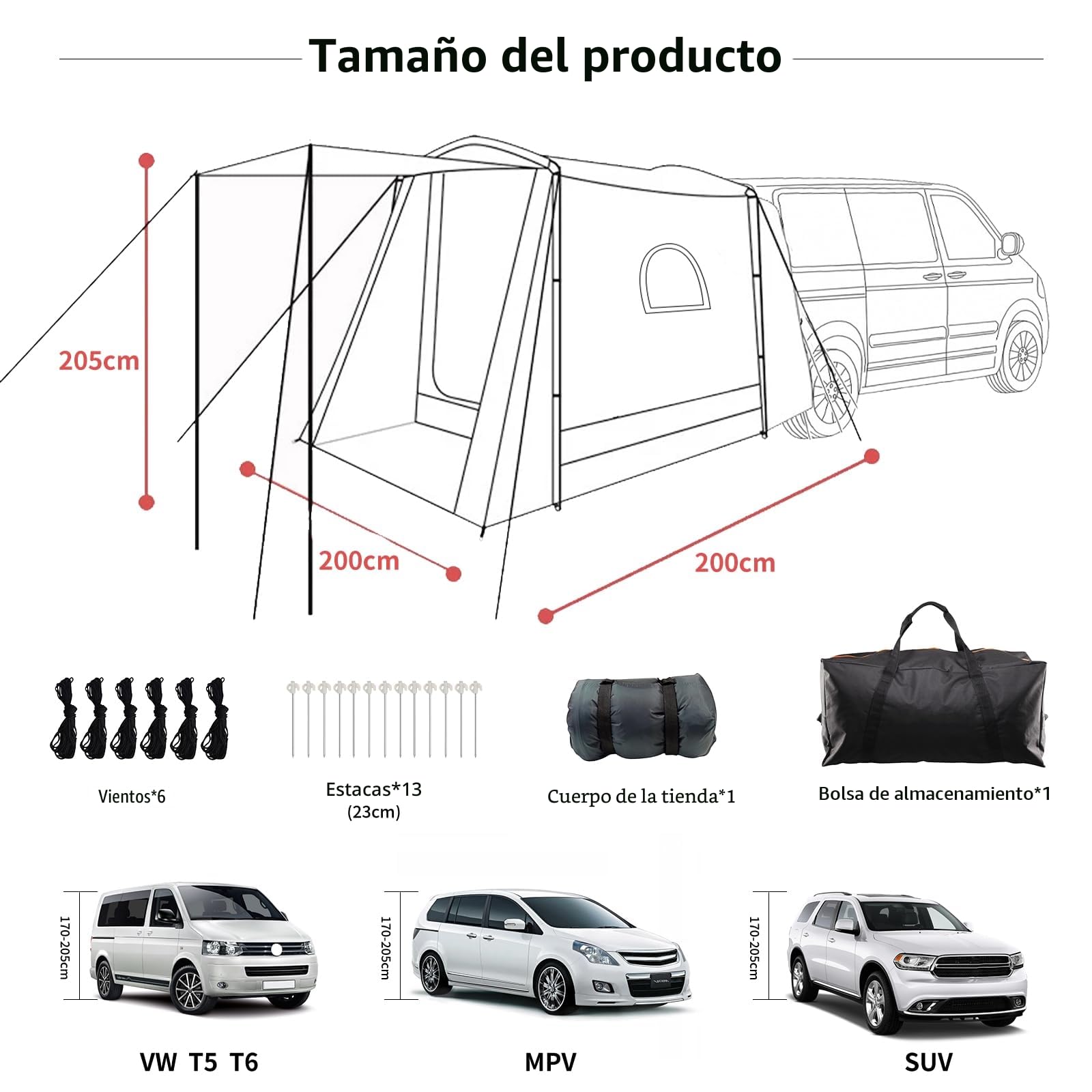 Carpa Trasera Coche 200x200x205 cm, Tienda para Maletero Coche VW T5 T6, Tienda de Campaña para Maletero de Coche para 2-3 Personas, Impermeable hasta 3000 mm, Accesorio de Camping para T5 T6.