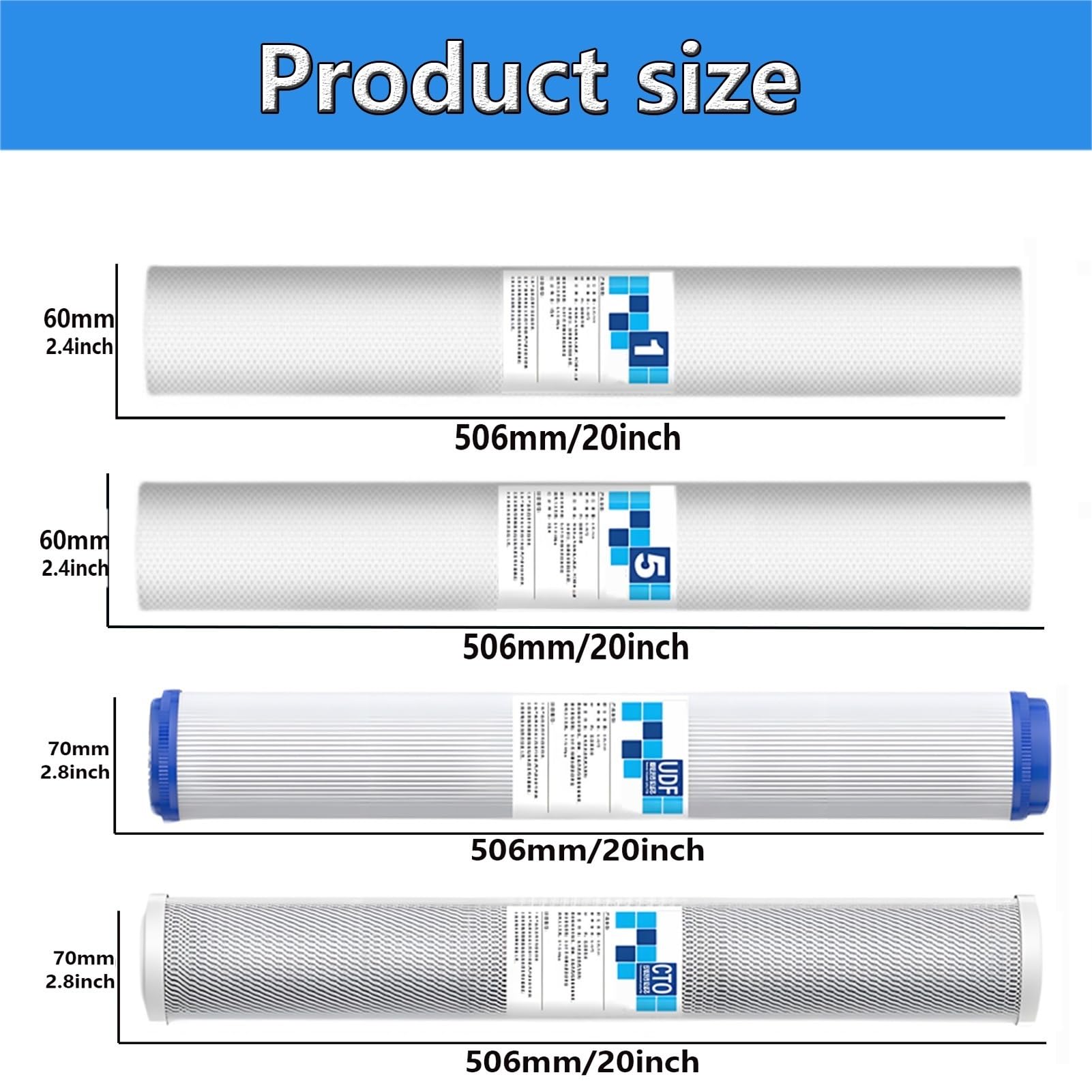 Zestaw filtrów wody całego domu, 4-stopniowy, 4,5" x 20", osadowy, UDF i węglowy filtr wody CTO, 1/5 mikrona, do komercyjnych/domowych systemów wodnych