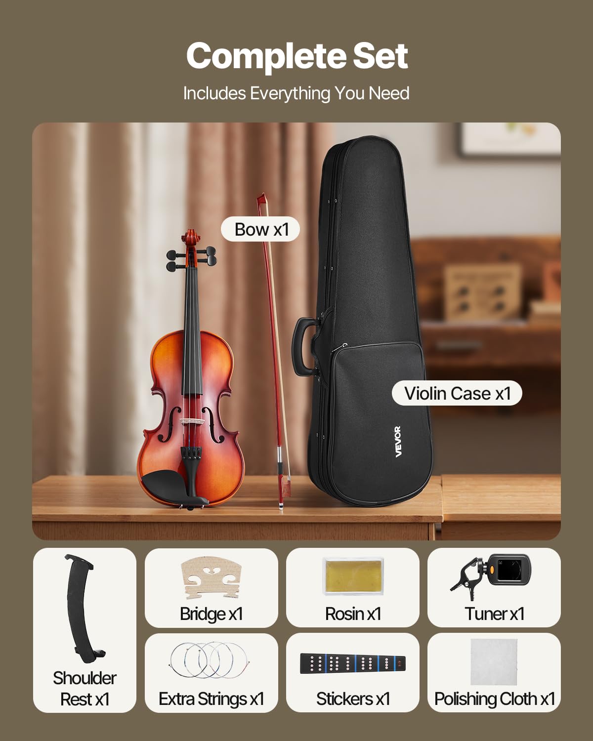 VEVOR Set di Violini da 355 mm Set Completo per Violino in Legno Massello, Misura Standard, con Custodia Rigida, Colofonia, Archetto, Spalliera, Ponticello, Corde Extra, Marrone Lucido