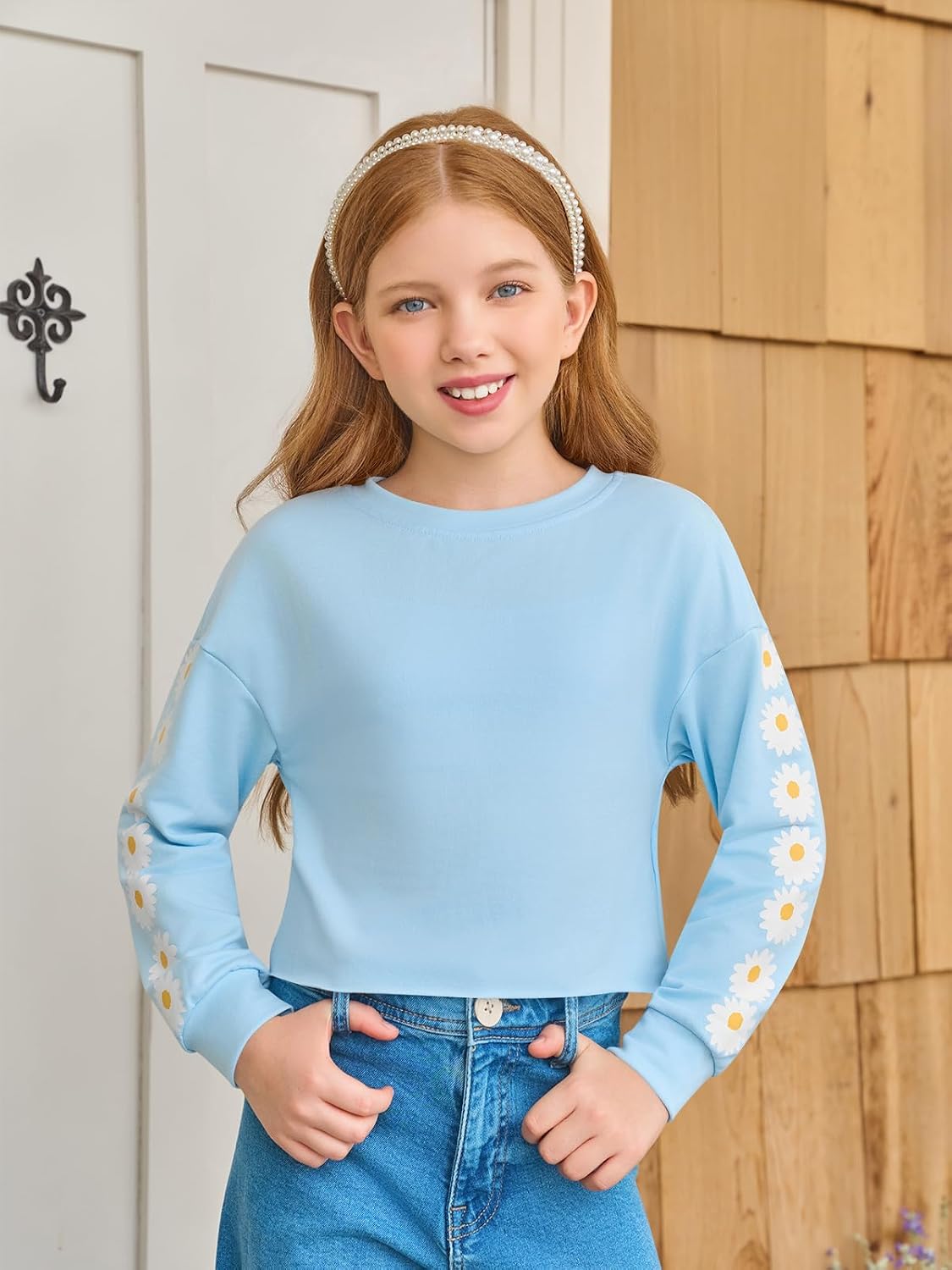 Haloumoning Girls Cute Daisy Pinted Cropped Sweatshirt Kids Long Sleeve Crop Tops Fall Fashion Shirts
