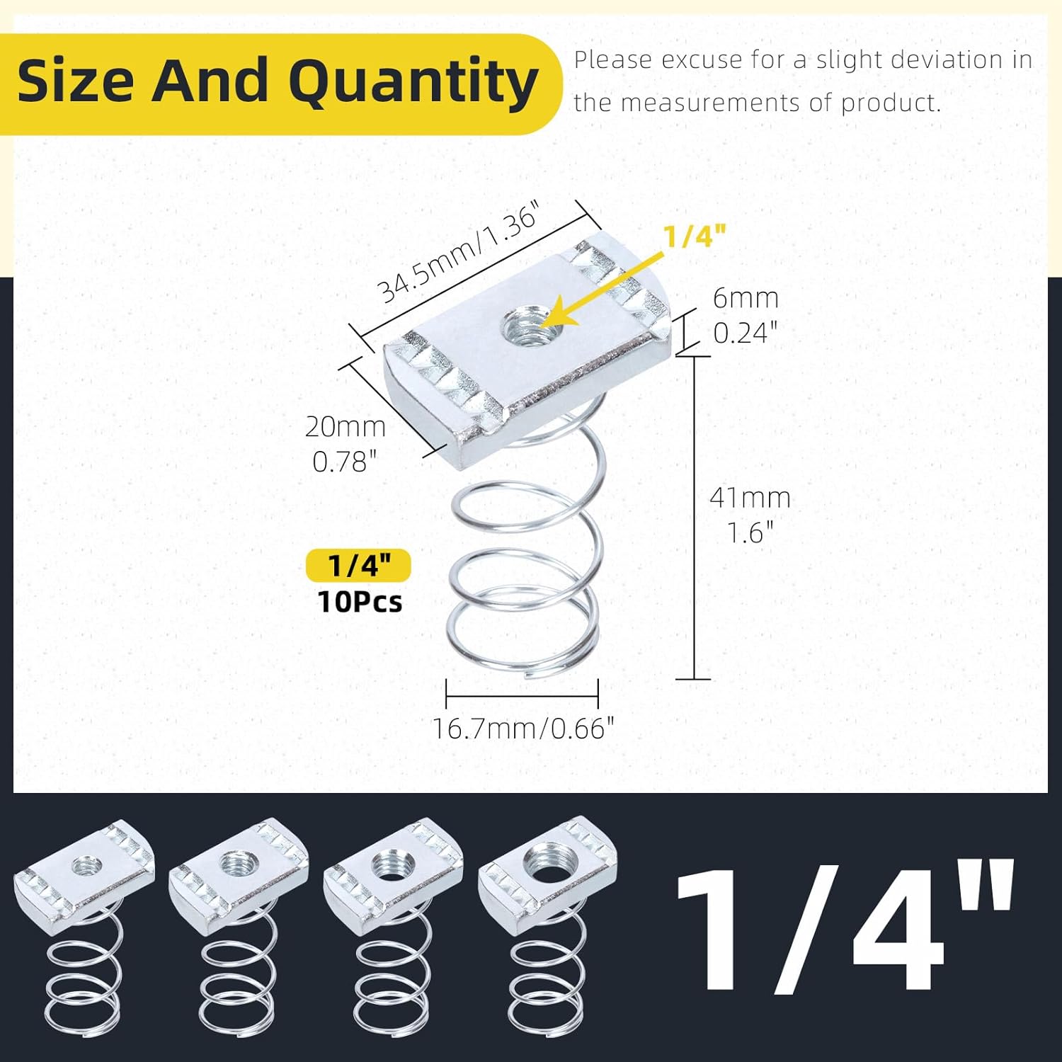 10Pcs Strut Channel Nuts 1/4"-20 with Standard Spring, Zinc Plated Spring Channel Nuts Spring Strut Nuts for Strut Channel