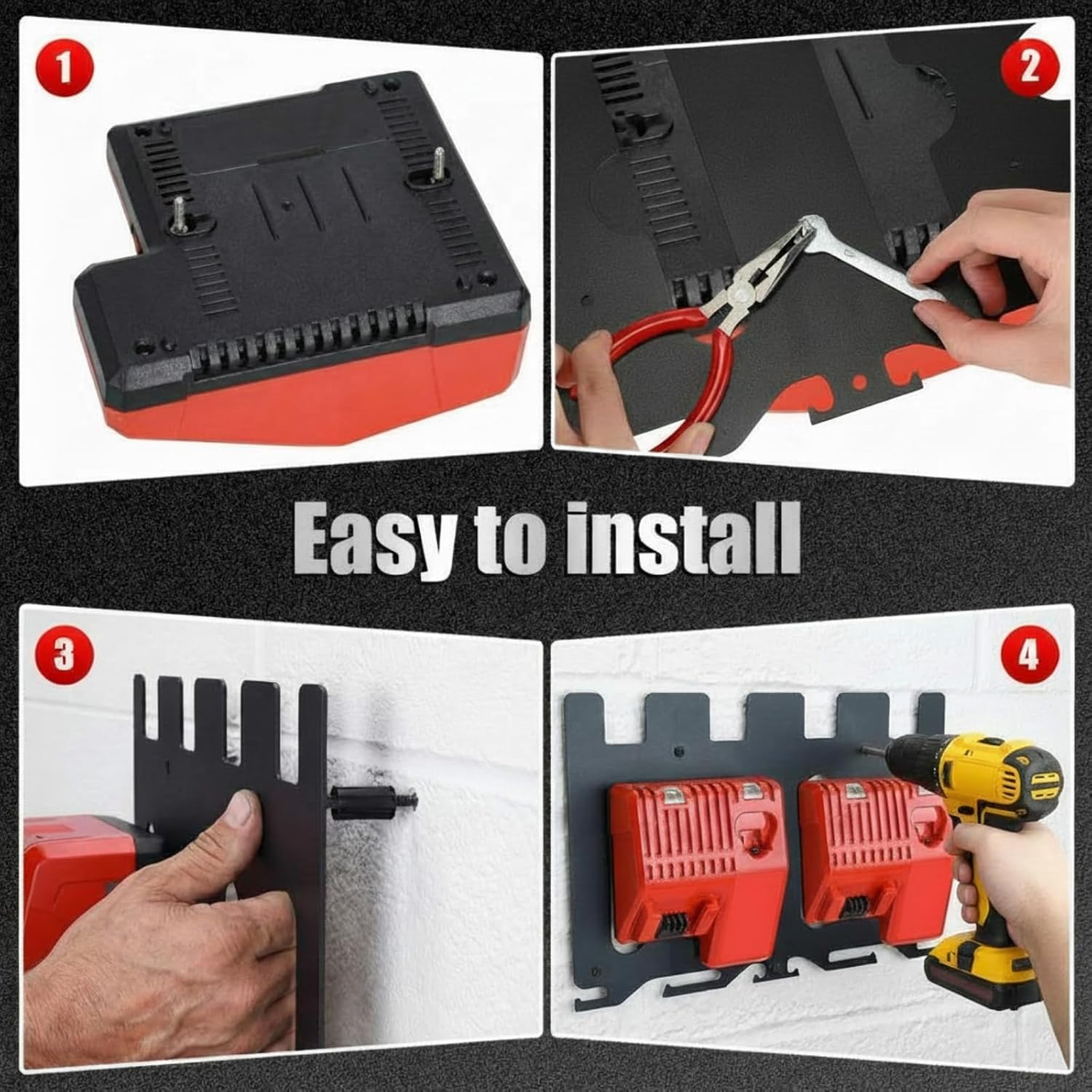 3-in-1 Metal Wall Mount Holder Compatible with Milwaukee Chargers Batteries Drill Compatible with 4x 18v Battery Packs 2x M12-18c Charger/2x M12-18fc Charger/1x M18 Dfc, Power Tool Organizer