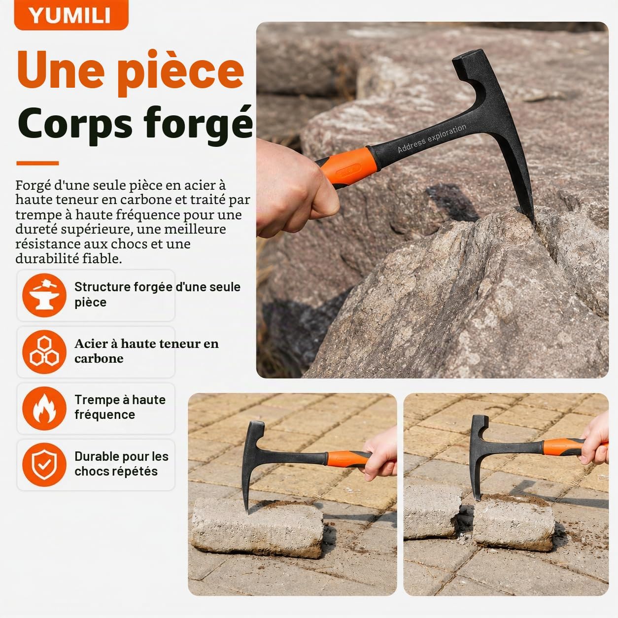 Marteau Géologique, Piolet Géologie, Marteaux à Pointe Pointue, Marteau de Géologue Professionnel avec Poignée Antichoc, 290 mm pour l'Exploration Minérale, la Géologie et l'Archéologie