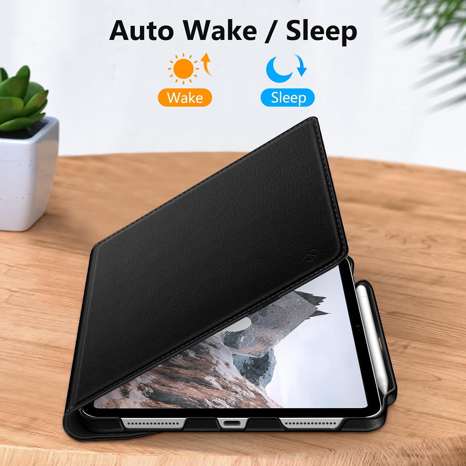 Fintie Rotating Case demonstrating the auto wake/sleep feature, showing the iPad screen turning on when the cover is opened and off when closed.
