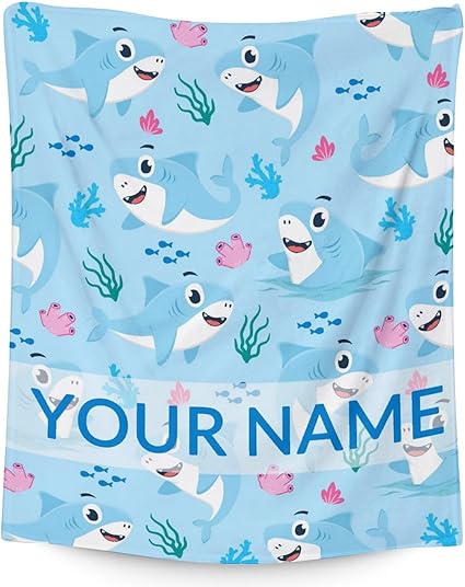 Personalized Shark Blanket Gifts with Name - 40"x50" Cute Throw Blanket for Kids & Adults - Blue Soft Fuzzy Blankets for Bed, Couch & Living Room