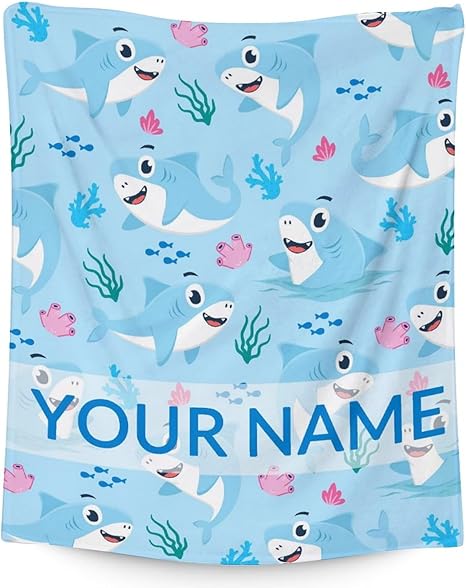 Personalized Shark Blanket Gifts with Name - 40"x50" Cute Throw Blanket for Kids & Adults - Blue Soft Fuzzy Blankets for Bed, Couch & Living Room