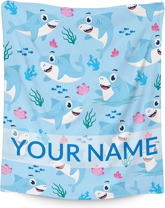 Personalized Shark Blanket Gifts with Name - 40"x50" Cute Throw Blanket for Kids & Adults - Blue Soft Fuzzy Blankets for Bed, Couch & Living Room