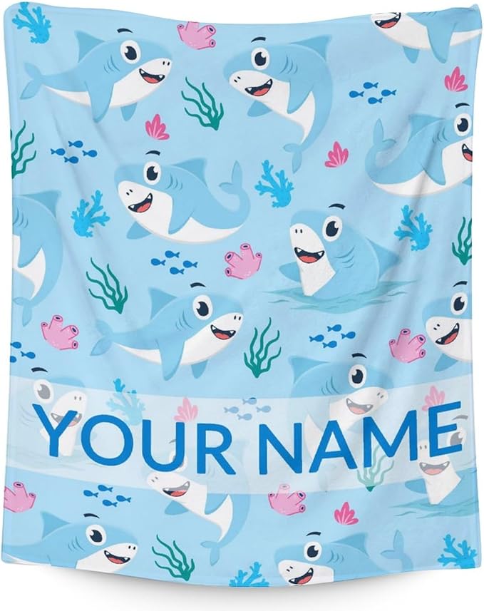 Personalized Shark Blanket Gifts with Name - 40"x50" Cute Throw Blanket for Kids & Adults - Blue Soft Fuzzy Blankets for Bed, Couch & Living Room