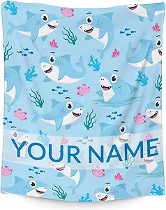 Personalized Shark Blanket Gifts with Name - 40"x50" Cute Throw Blanket for Kids & Adults - Blue Soft Fuzzy Blankets for Bed, Couch & Living Room