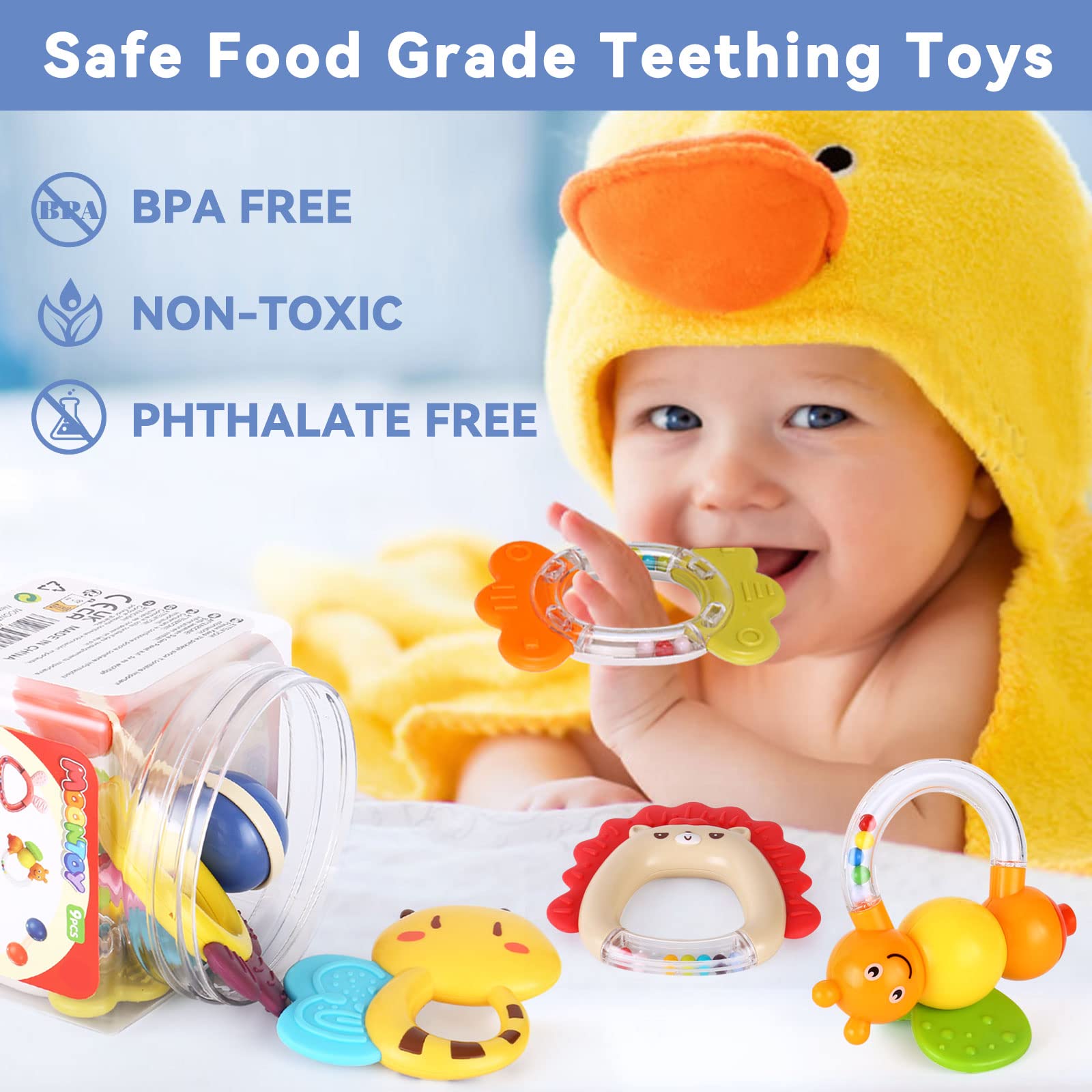 MOONTOY 9 Pezzi Sonaglio Neonato Bambini Giocattoli Giochi Neonato 0 3 6 9 12 18 Mesi Bambina Maschio Dentizione Gioco Giochi Sensoriali Per Neonati Neonata