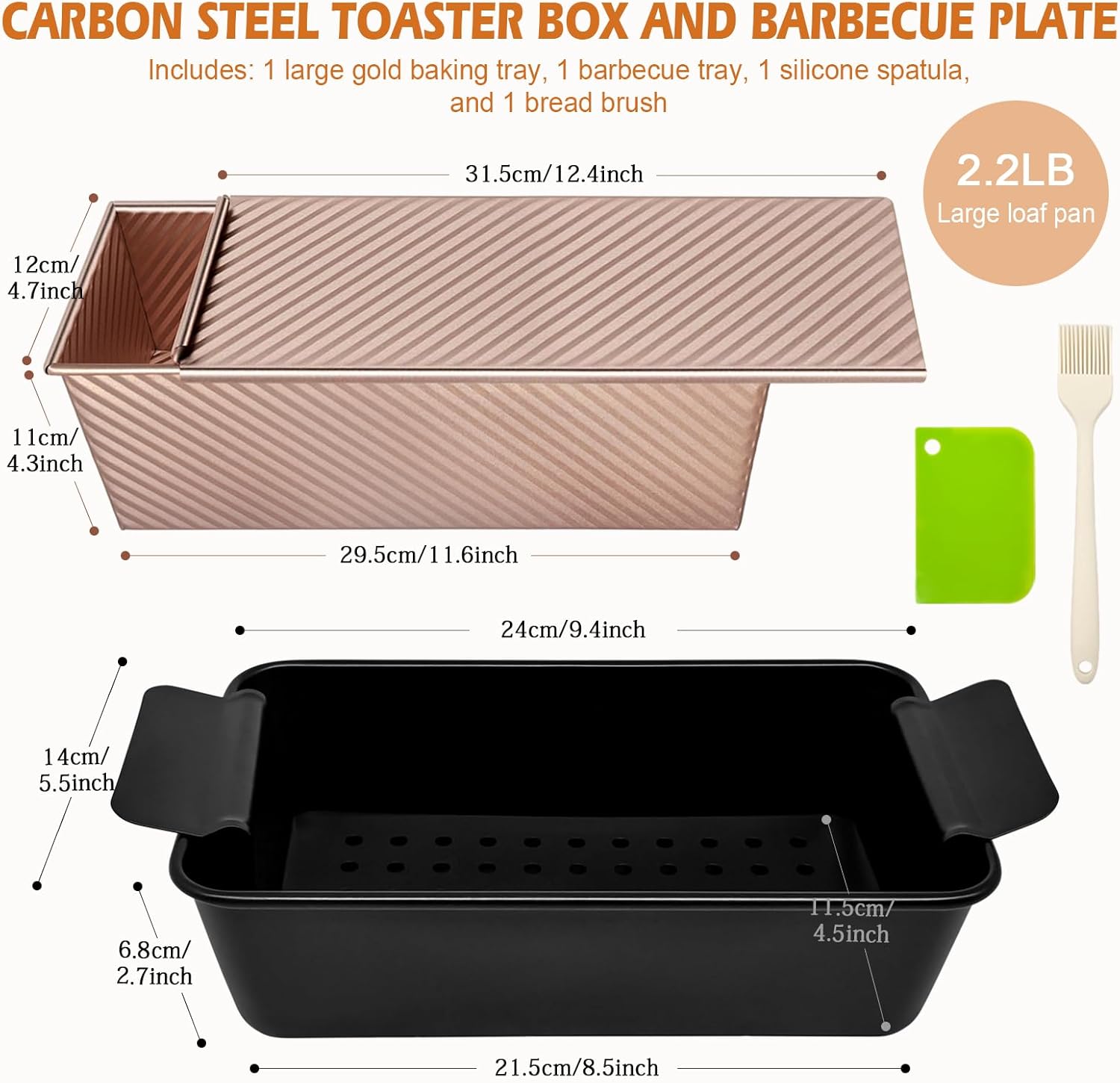 Pullman Loaf Pan with Lid + Non-Stick Meatloaf Pan with Draining Insert, Carbon Steel Bakeware with Scraper & Brush, 2LB Baking Pans for Homemade Bread & Meatloaf