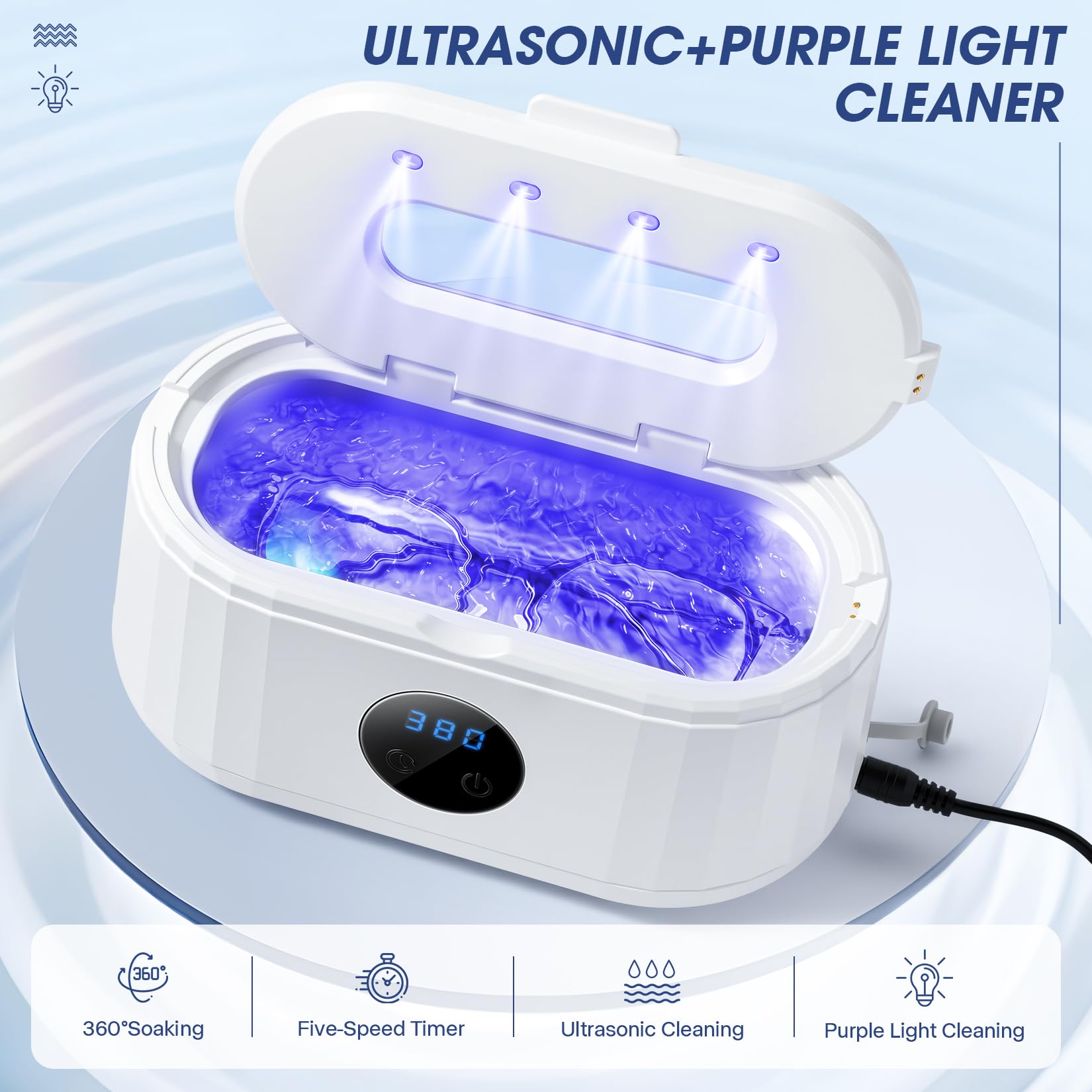 Limpiador ultrasónico de joyas, máquina limpiadora ultrasónica de 49 Khz para dentaduras postizas, lentes, correa de reloj, aparatos ortopédicos, anillos, joyas, 5 modos de limpieza con luz azul y
