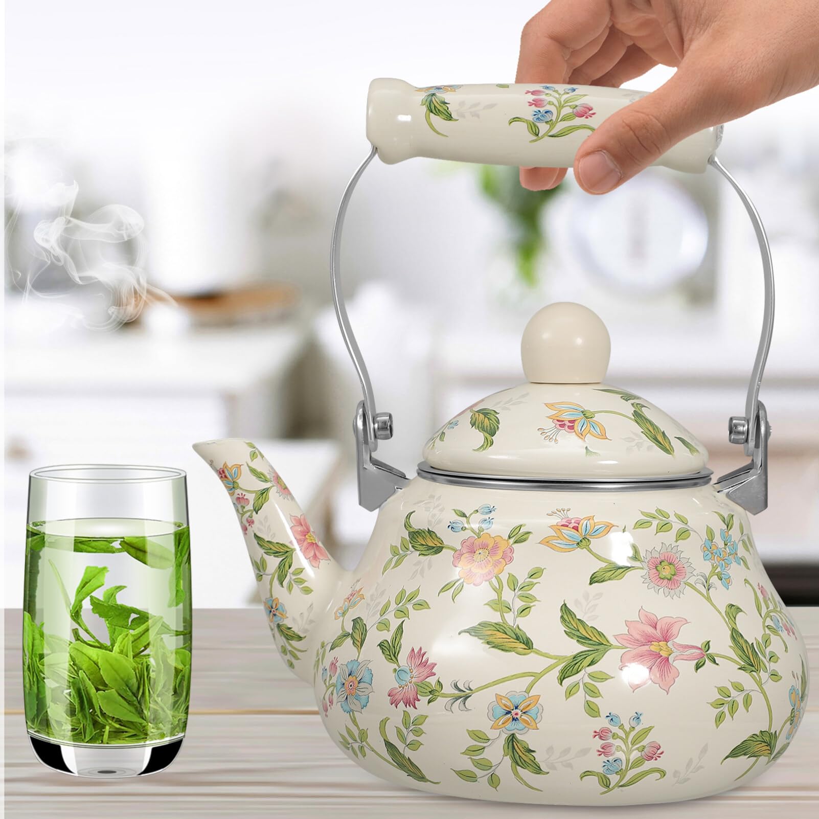 BESTonZON Ceramica Smaltata Motivo Floreale Teiera con Colino Per La Stufa Teiera in Porcellana Smaltata 2 L, Bollitore smaltato bollitore sul fornello fioritura arredamento