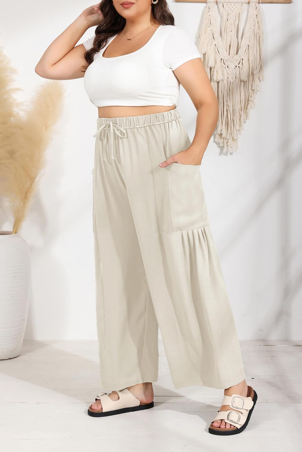 SEKINO Women's Plus Size Wide Leg Palazzo Pants Drawstring Casual Loose Beach Travel Vacation Flowy Lounge Pants with Pockets - Image 4