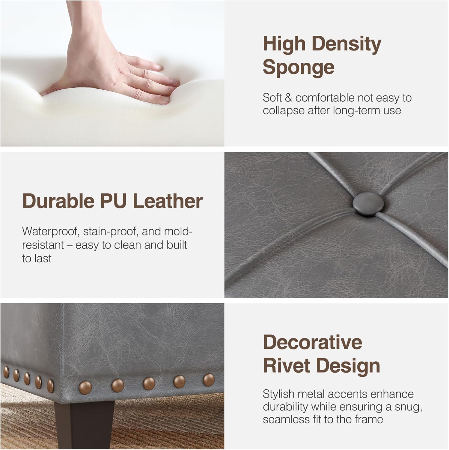 Square Leather Ottoman with Storage, Faux Leather Coffee Table with Lift Top,Large Upholstered Footrest Stool Toy Box Storage Bench for Bedroom Living Room, Grey