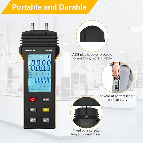 Miniatura 5 de INFURIDER Manómetro, probador digital de presión de gas HVAC, medidor de presión de aire profesional, medidor de presión de gas portátil, 11