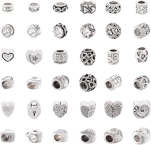 Cheriswelry 72 cuentas de agujero grande europeo tibetano de 0.295-0.472 in, columna de corazón de plata antigua, espaciadores sueltos, suministros