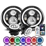 SUNPIE Compatible with 2007-2018 JK JKU 7 inch RGBW Halo Head lights+4 inch RGBW Fog Lights