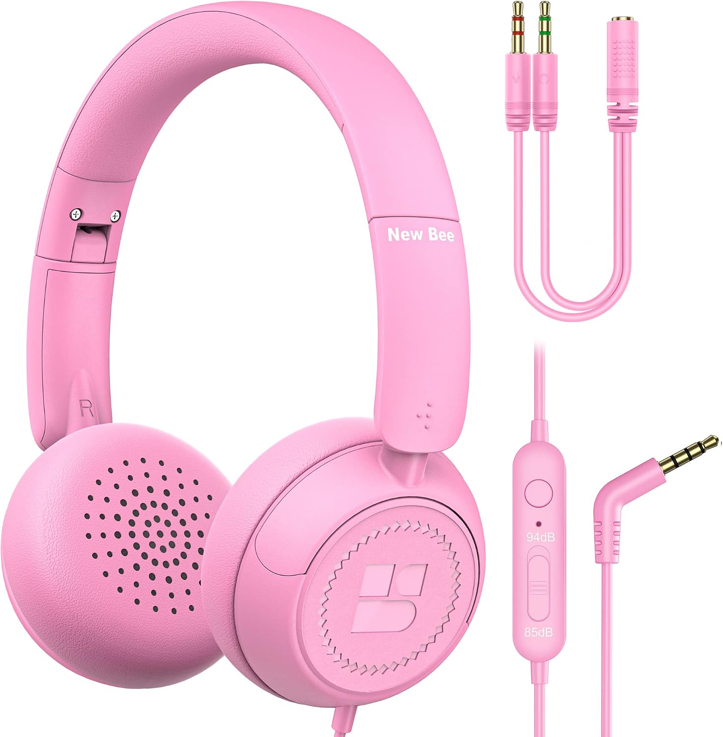New bee Kids Headphones for School with Microphone HD Stereo Safe Volume Limited 85dB/94dB Foldable Lightweight On-Ear Headphone for Girls/PC/Mac/Kindle/Tablet/Pad (Pink)