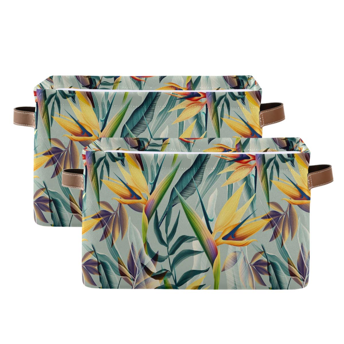 Storage Basket Cube Tropical Palm Flower Leaves Large Collapsible Toys Storage Box Bin Laundry Organizer for Closet Shelf Nursery Kids Bedroom,15x11x9.5 in,2 Pack