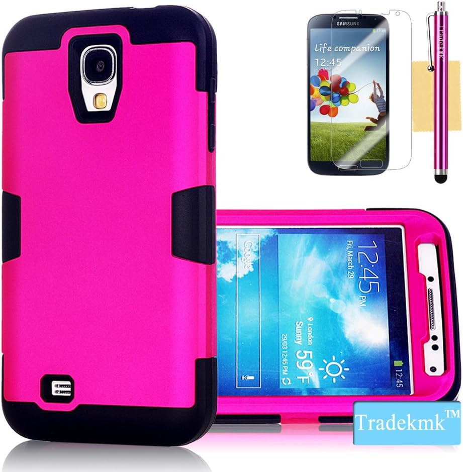 Galaxy S4 Case, Tradekmk(TM) Latest Fashion Hot Sale Hybrid Hard Soft Combo Three-in-one Durable Bumper Armor Back Case Cover Protector Compatible with Samsung Galaxy S4 i9500[+Stylus+Screen Protector+Cleaning Cloth]-(Rose Red+Black)