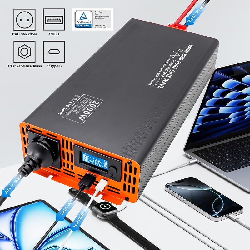 DATOUBOSS Feszültségátalakító 12V-230V 2000W/4000W Tiszta Szinusz Inverter LCD Kijelzővel, USB és Type-C Porttal Lakóautóhoz, Autóhoz