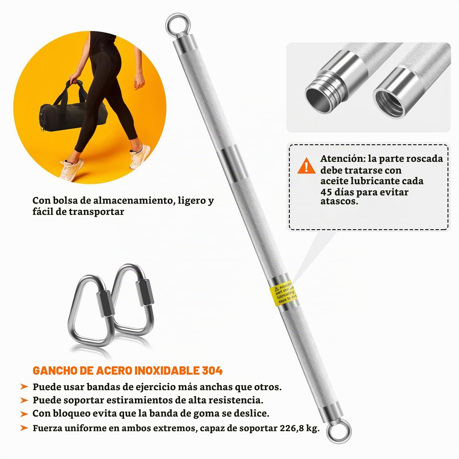 DASKING Kit de Barra de Bandas de Resistencia, Barra de Pilates Desmontable 2/3 Secciones, Barras de Fitness de Metal Portátil para Yoga, Pilates, Musculación, Entrenamiento de Fuerza, Entrena en Casa