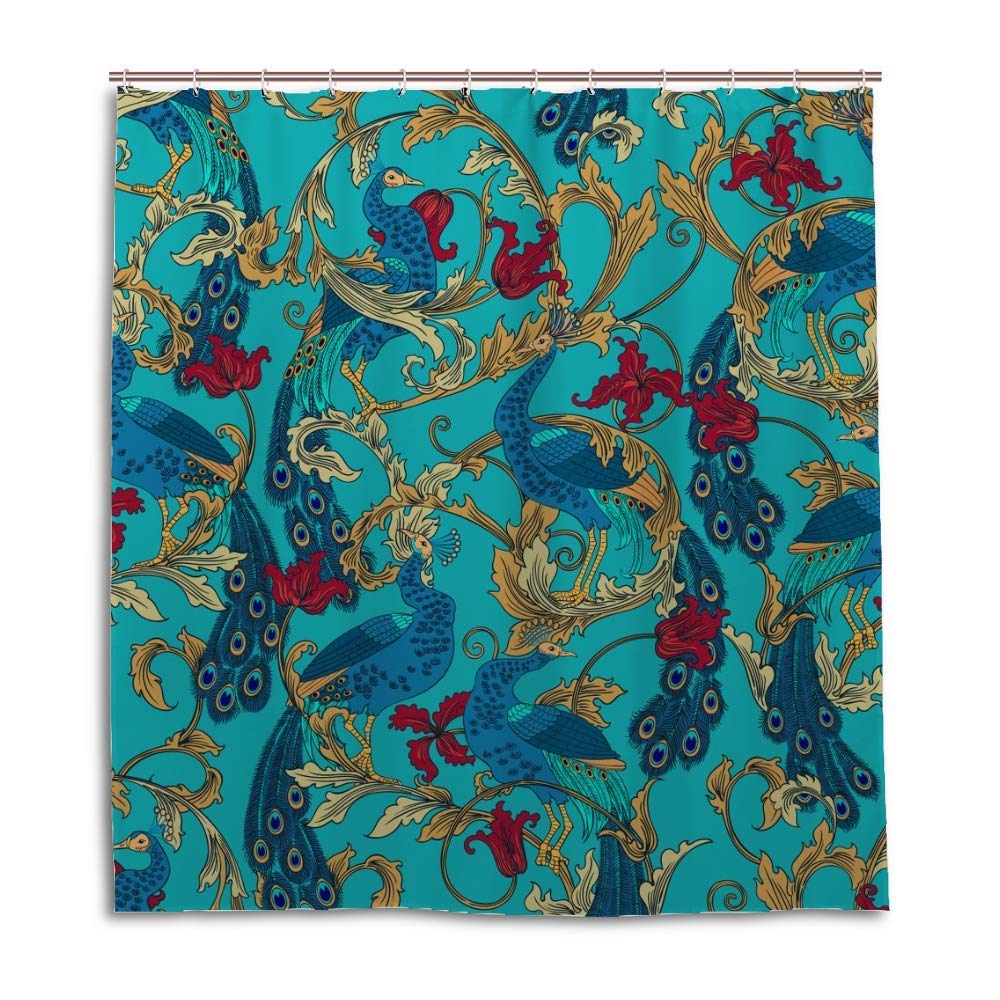 Rideau de douche paons et oiseaux tropicaux bleu avec 12 crochets en C