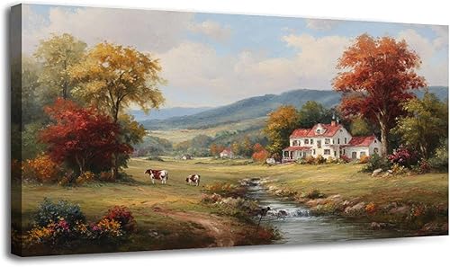 Miniatura 35 de 24"x 48" Fall Canvas Wall Art Highland Cow Rustic Vintage Forest Landscape Farmhouse Autumn Framed Pictures Painting Print Large Wall Art for Living