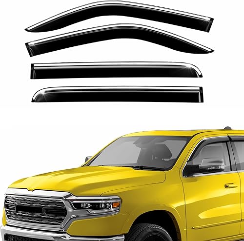 AEROGUYS Deflectores de ventana con cinta extra duraderos, protectores de lluvia aptos para Dodge Ram 1500 2019-2023 Crew Cab, borde cromado,