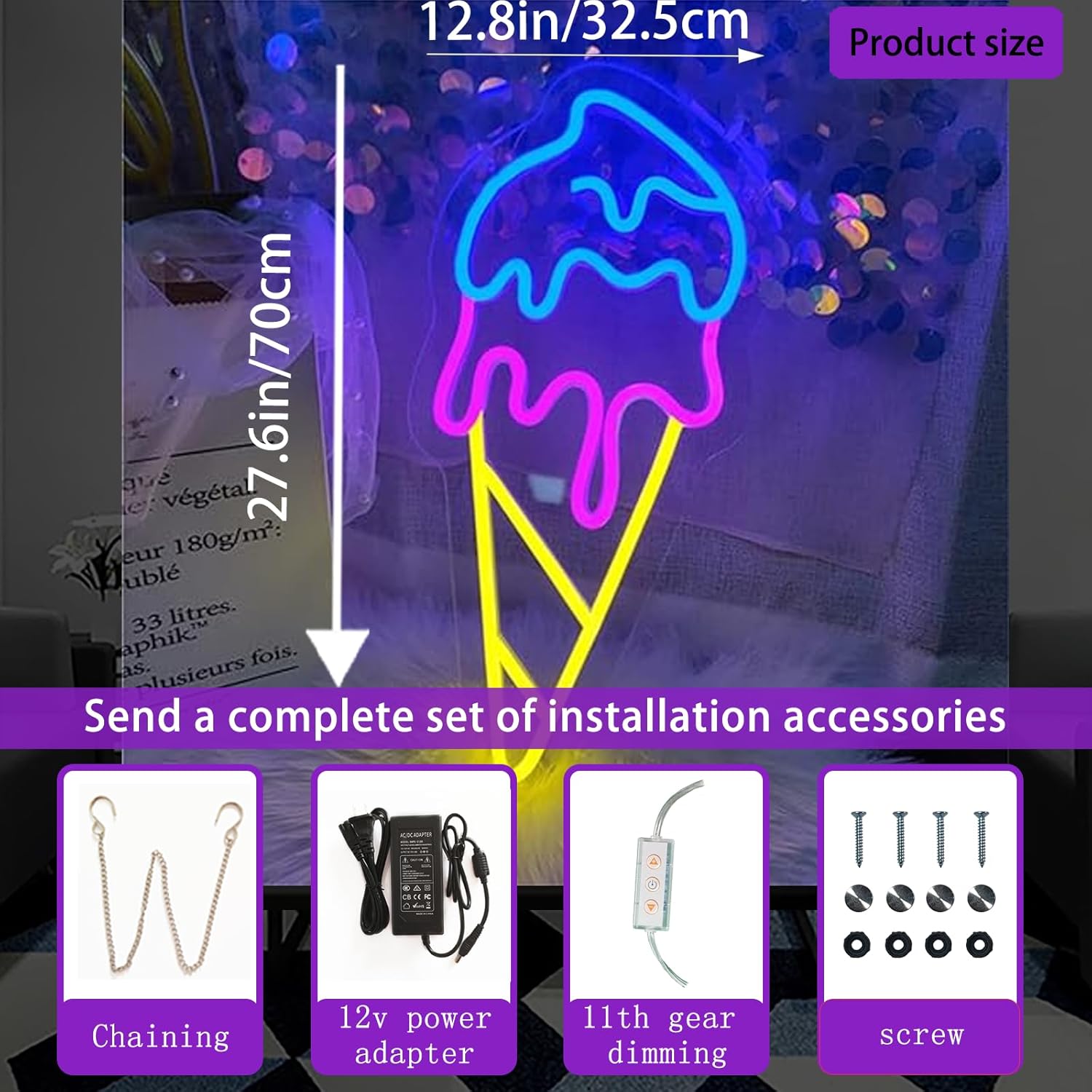 Ice Cream Neon Sign for Wall Decor, Ice Cream Led Neon Sign,Neon Ice Cream sign perfect for girl‘s room Decoration,Shop, Room,Game Room,Party,Bedroom,Garden,Wedding,Birthday Party,Christmas,Pub Bar Decoration,Gifts,27.6*12.8inches