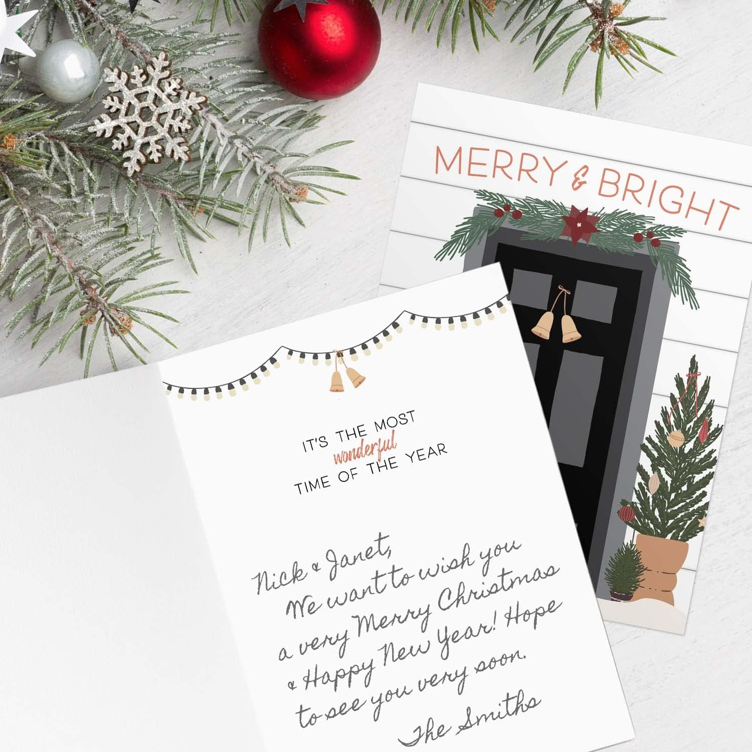 Canopy Street Greenery Christmas Doors Card Pack / 24 Holiday Greeting Cards With White Envelopes / 4 5/8" x 6 1/4" Festive Winter Illustrated Cards / 6 Modern Seasonal Designs