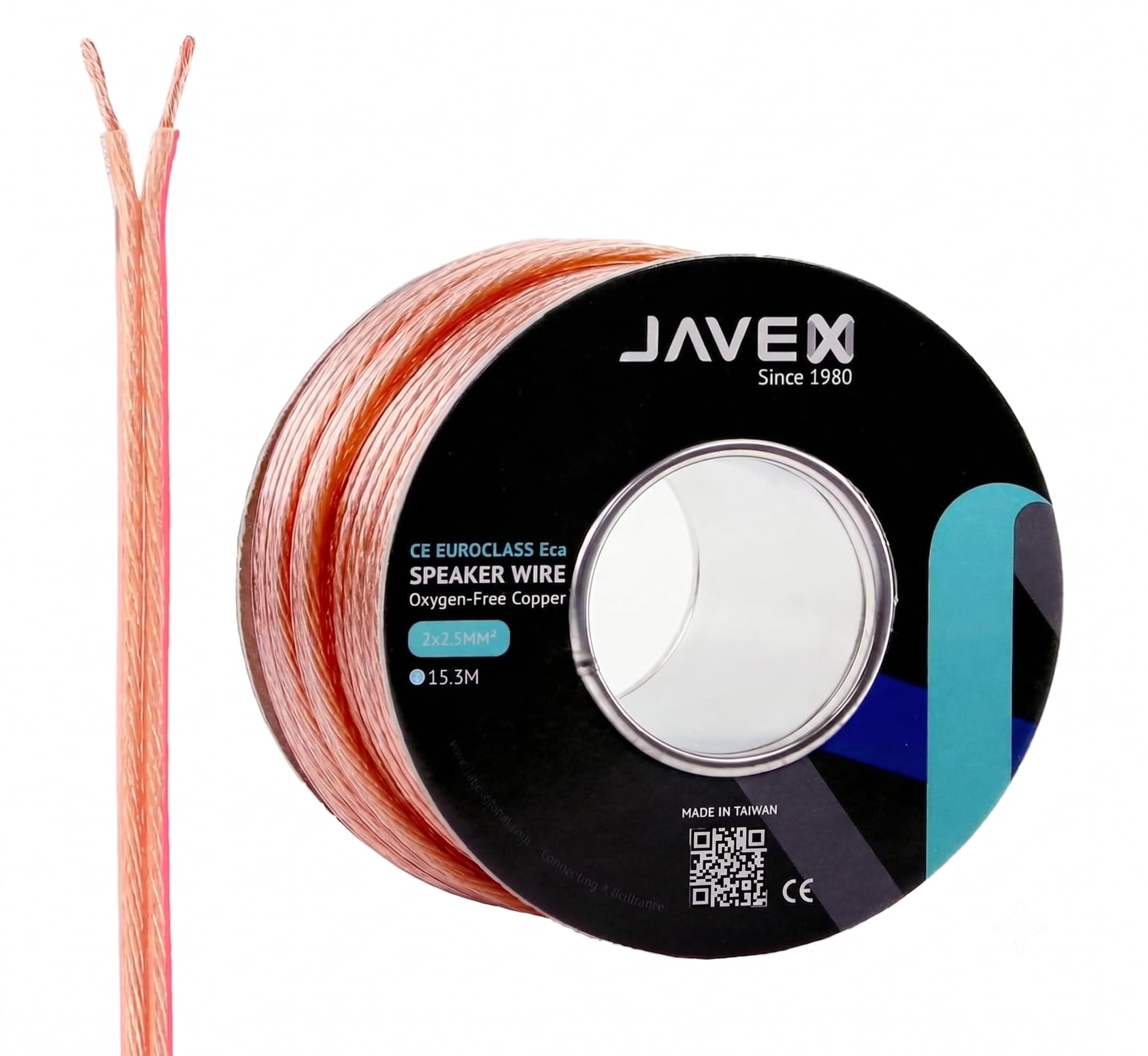JAVEX CPR, cavo per altoparlanti da parete, 13 AWG, 2 x 2,5 mm2, in rame privo di ossigeno al 99,9%, 315 x 0,10 mm, per installazione di sistemi audio e home theater, trasparente, 15,3 m