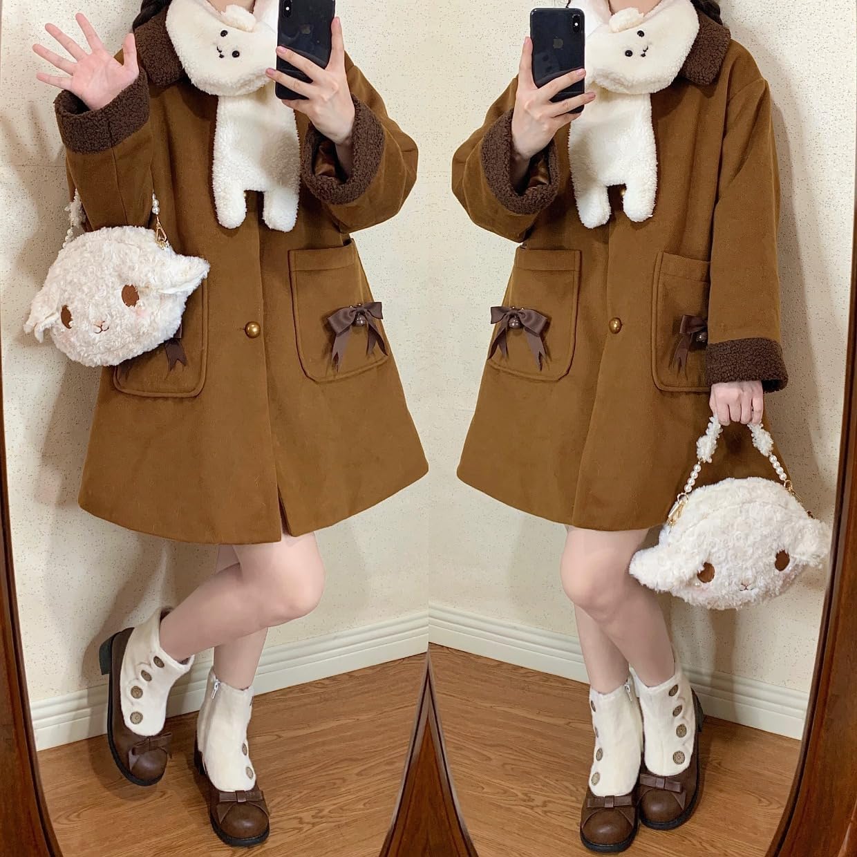 Sweet Lolita Victorian Style Ankle Boots, White Faux Fur Top with Decorative Buttons, Black and Brown Chunky Heels with Bow, Winter Fashion Boots