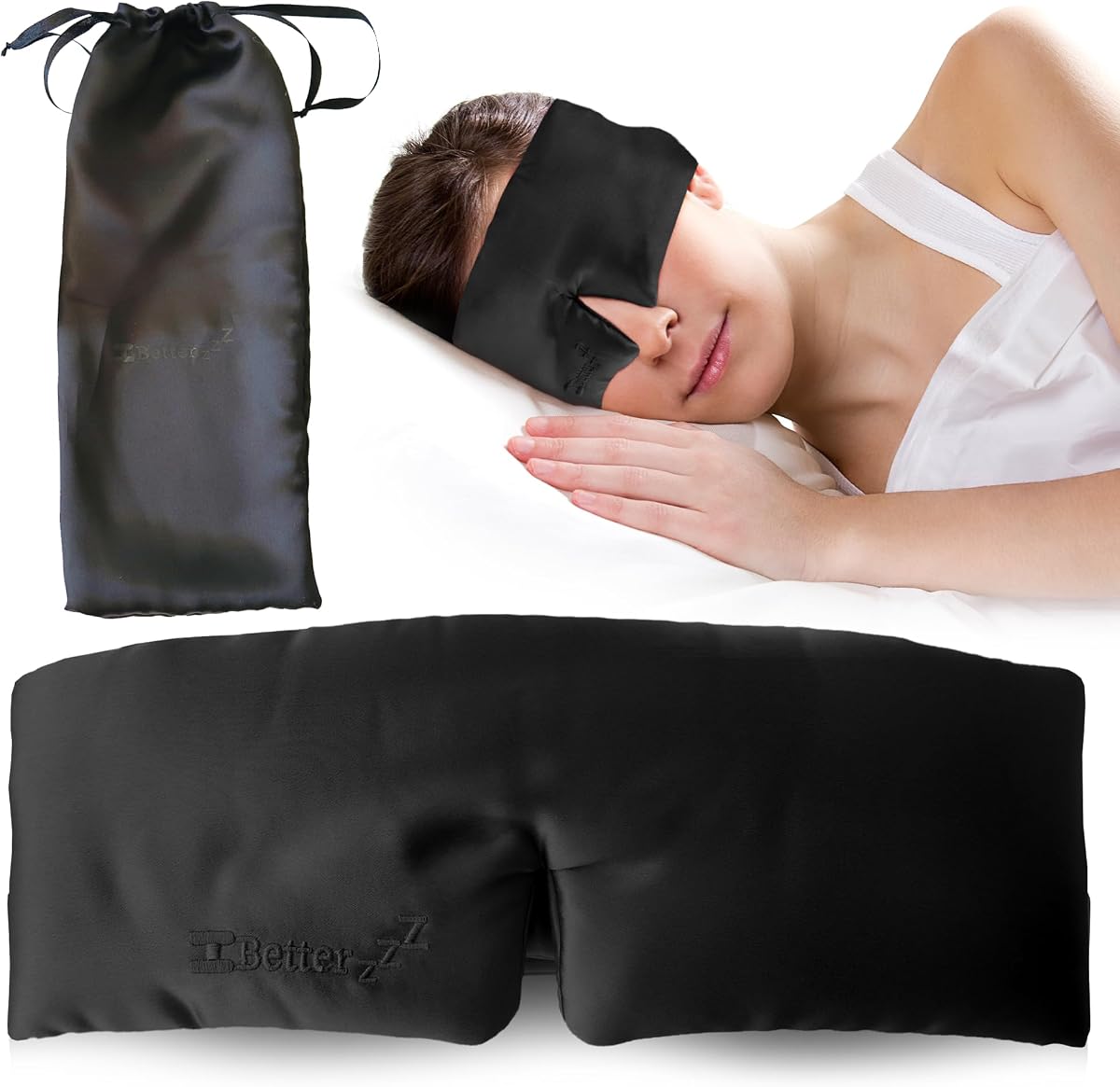 Better zzZ 100% Pure Mulberry Silk Sleep Mask for Women & Men – Adjustable Velcro Strap, Total Blackout, No Pressure Eye Mask for Deep Sleep & Travel Pouch Included - (Black)
