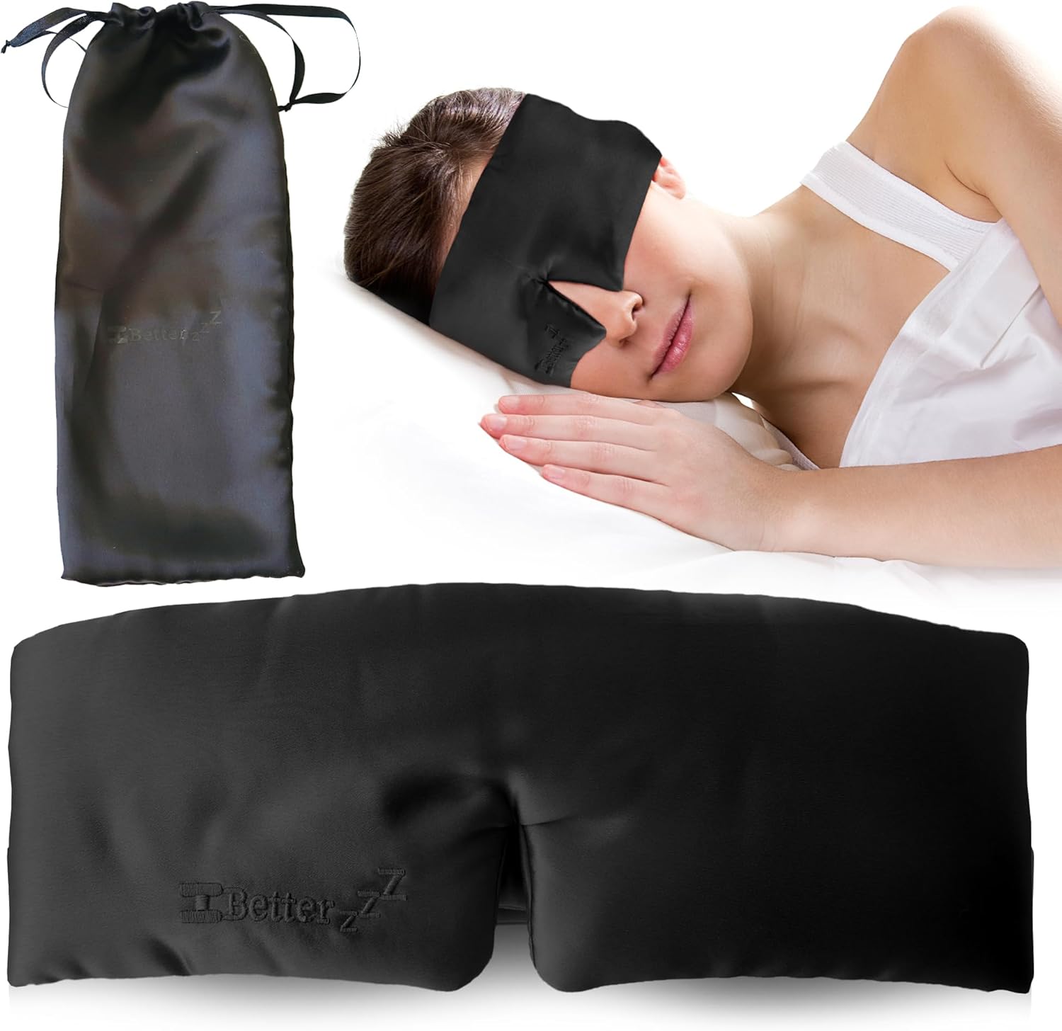 Better zzZ 100% Pure Mulberry Silk Luxurious Sleep Mask with Adjustable Band and Silk Pouch – Ideal for Home & Travel – (Black)