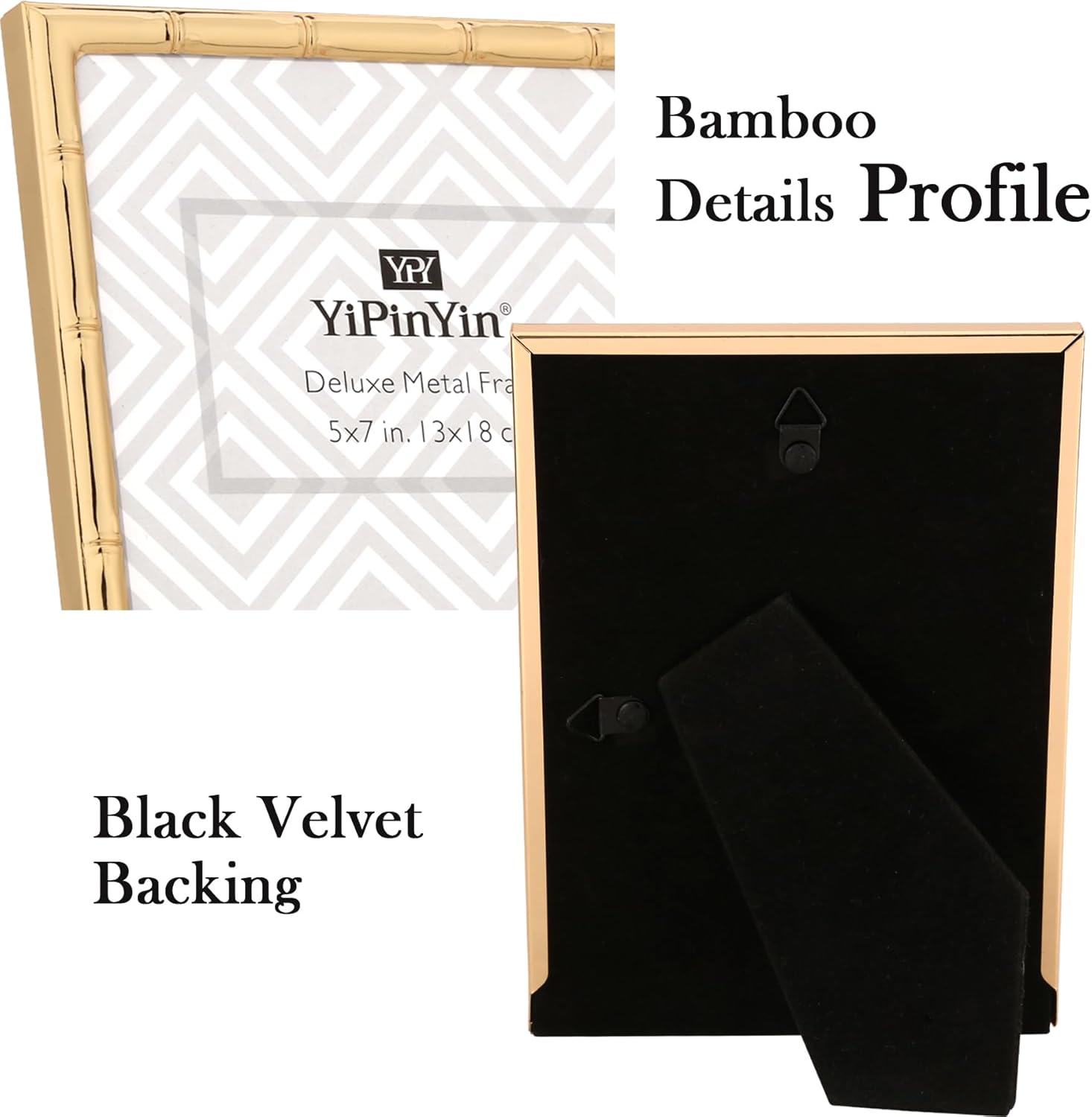 8x10'' Bamboo Detail Gold Metal Picture Frame with Acid Free Mat for 5x7'' Set of 2,Narrow Gold Plated Photo Frames 5 x7'' With Soft Touch Velvet Backing for Desktop and Wall Décor