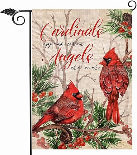 Hzppyz Cardinal Appear When Angels are Near Winter - Bandera para jardín, pájaro rojo, bayas, pino, rama decorativa de casa, patio, cementerio al