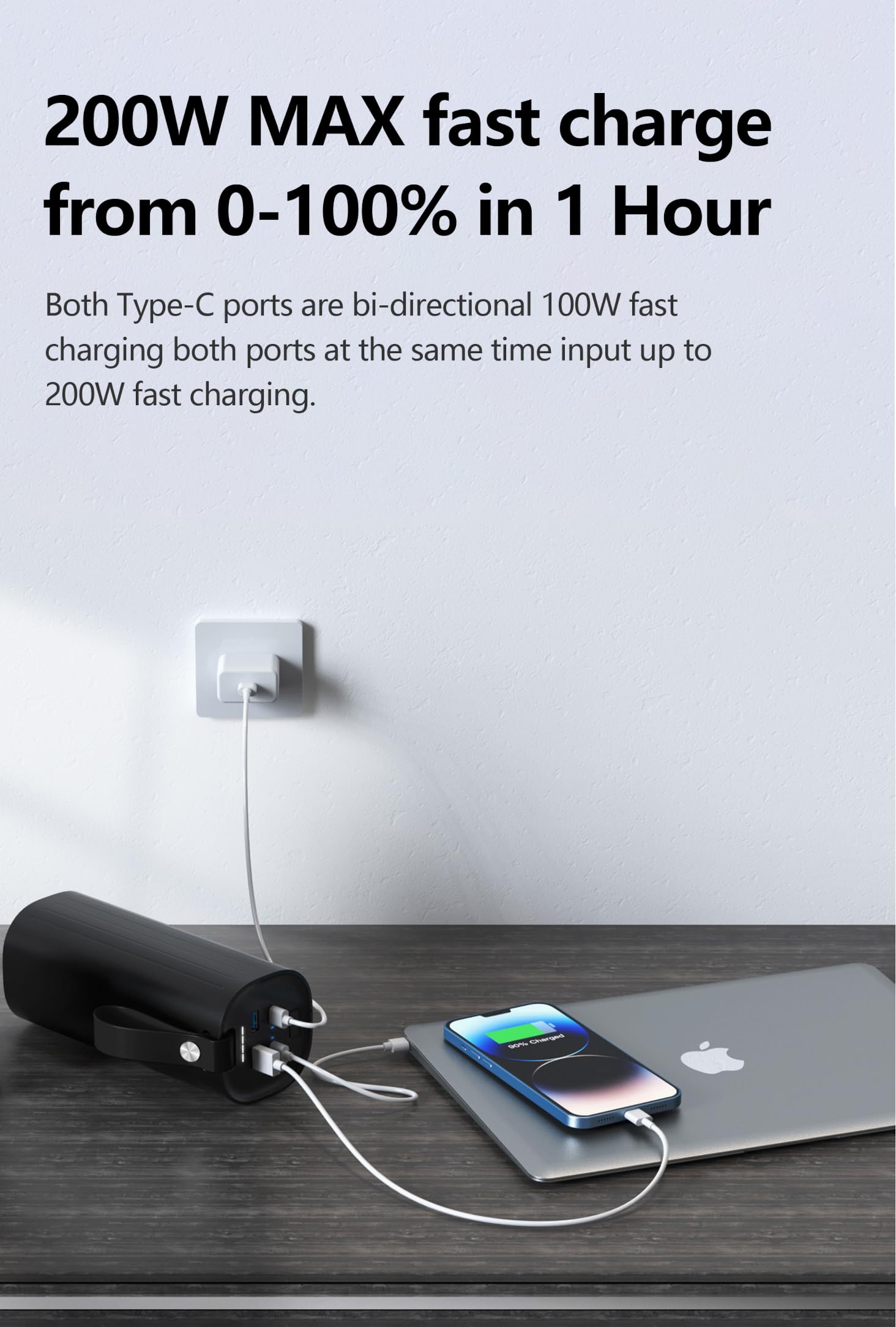 LITIONITE Titan 200W / 60.000mAh Power Bank z nową technologią LiFePO4 do 3000 cykli - Podwójne złącze USB-C PD3.0 - Latarka LED - Przenośny zewnętrzny akumulator do laptopa/MacBook/Surface/PC/Drona