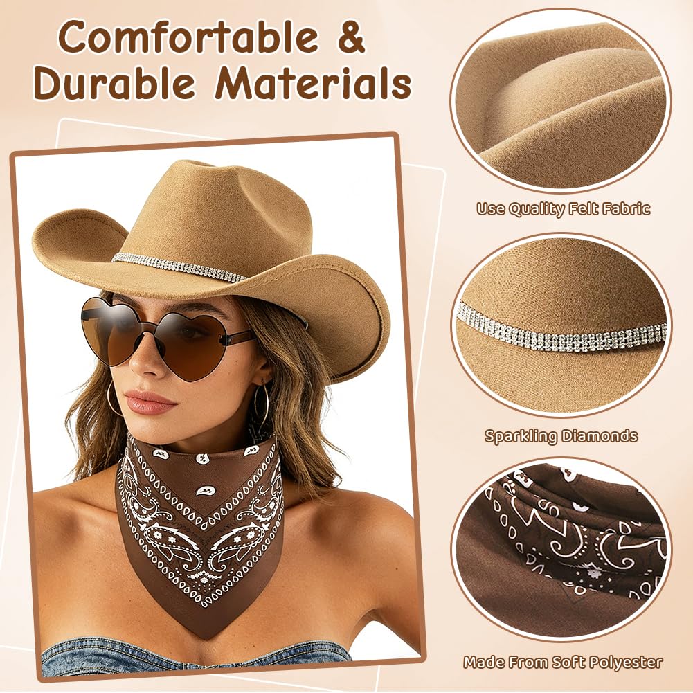 FCXVXCL Sombrero Vaquera 3 Piezas Sombrero de Vaquero Accesorios Sombreros Vaquero del Oeste Traje Sombreros Vaquera con Pañuelo Cuadrado y Gafas para Disfraz Vacaciones Fiesta — view 6